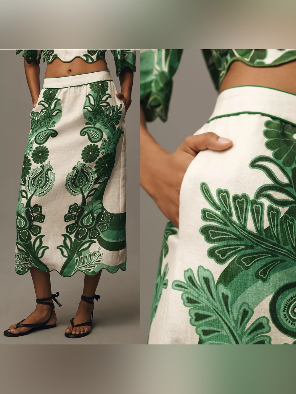 FARM RIO Color Festival Green Linen Euroflax Midi Skirt Size Large - Picture 2 of 16